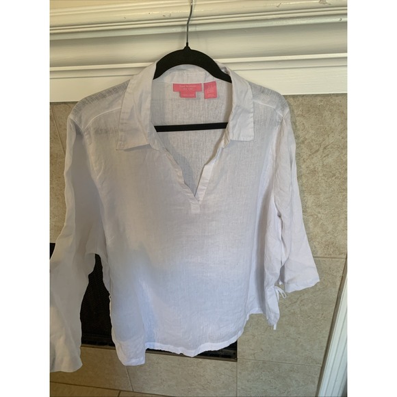 Isaac Mizrahi Women's 2X White 100% Linen Tunic Top 3/4 Sleeve V-Neck - Picture 2 of 5